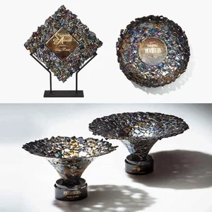 Fused Gold and Silver Shard Art Glass Bowl Award With Ebony Chips