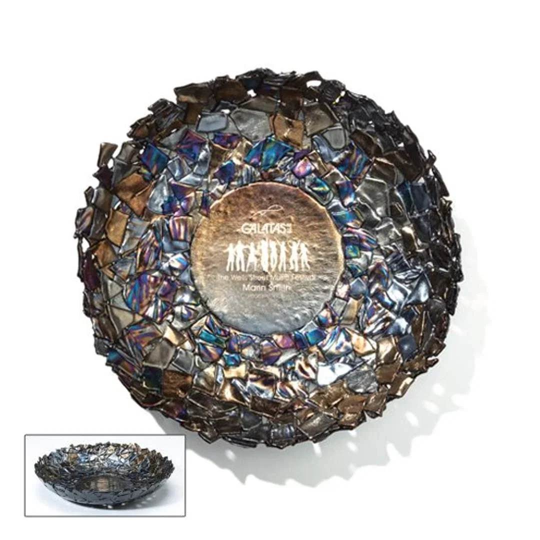 Custom Fused Gold and Silver Shard Art Glass Bowl Award With Ebony Chips for corporate award ceremonies