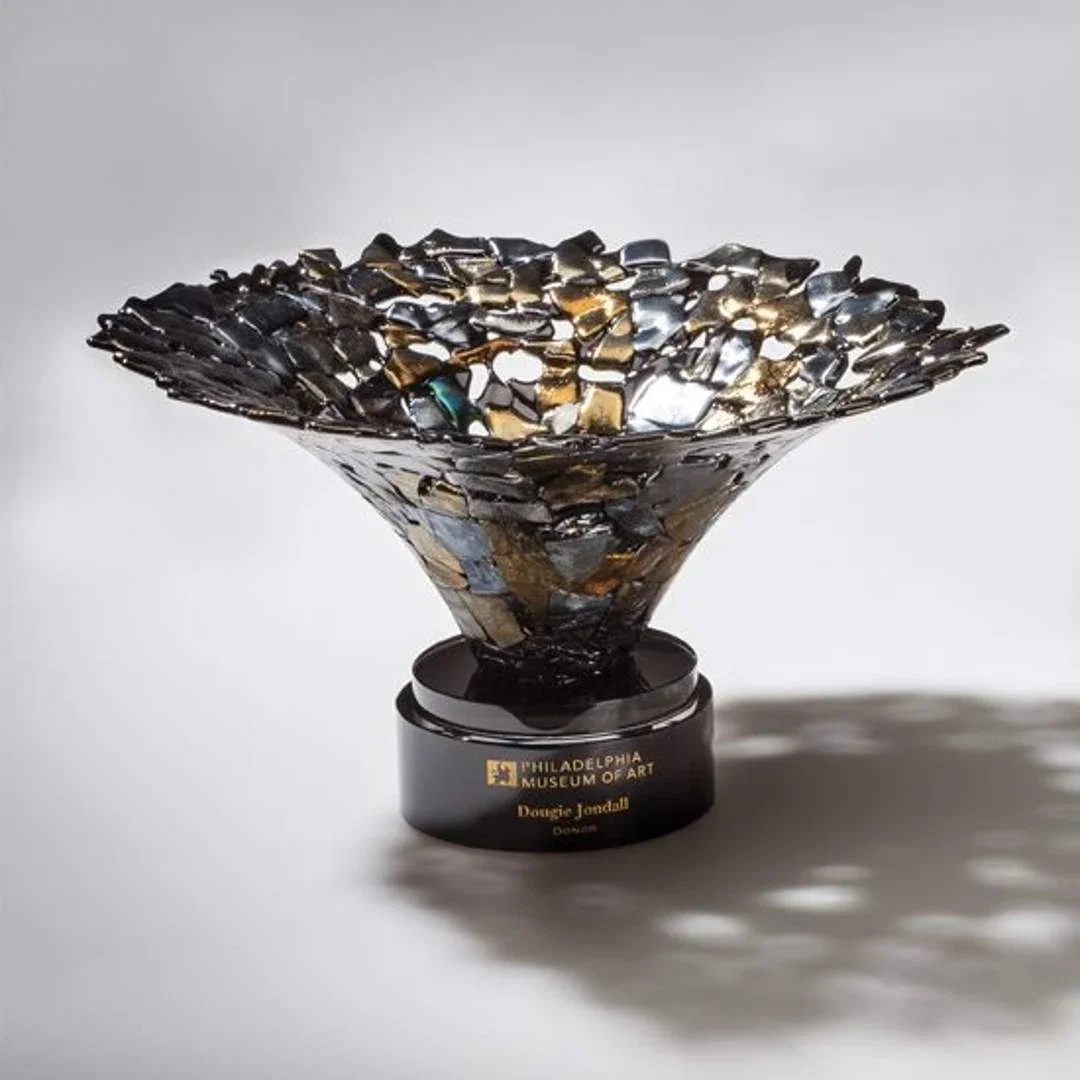 Custom Fused Gold and Silver Shard Art Glass Bowl Award With Ebony Chips for service anniversary gifts