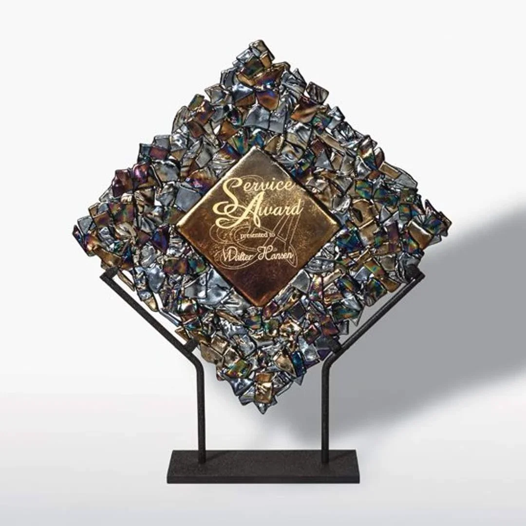 Custom Fused Gold and Silver Shard Art Glass Bowl Award With Ebony Chips for retirement presentations