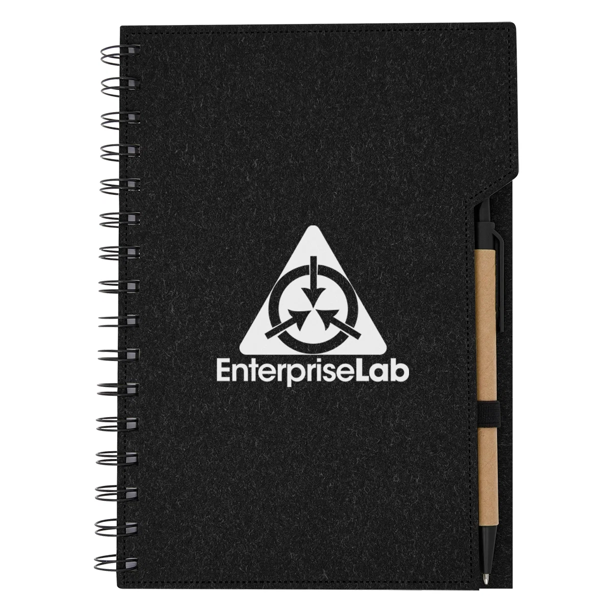 Spiral notebook with a matching pen tucked into the coil