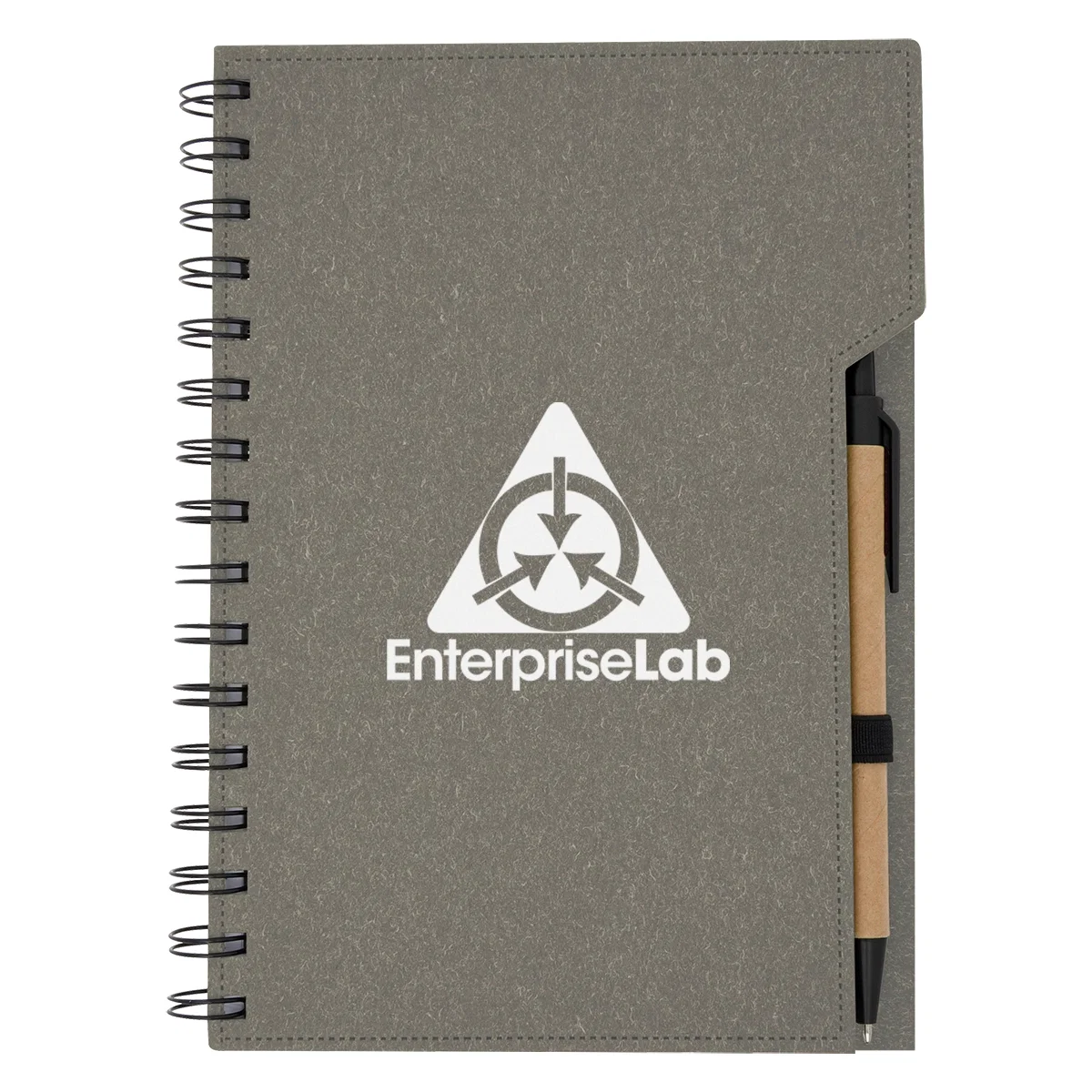 Black cover of the wire-bound journal shown closed