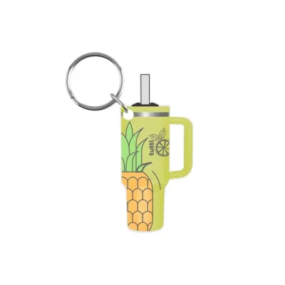 Rectangular acrylic key tag hanging from a split ring