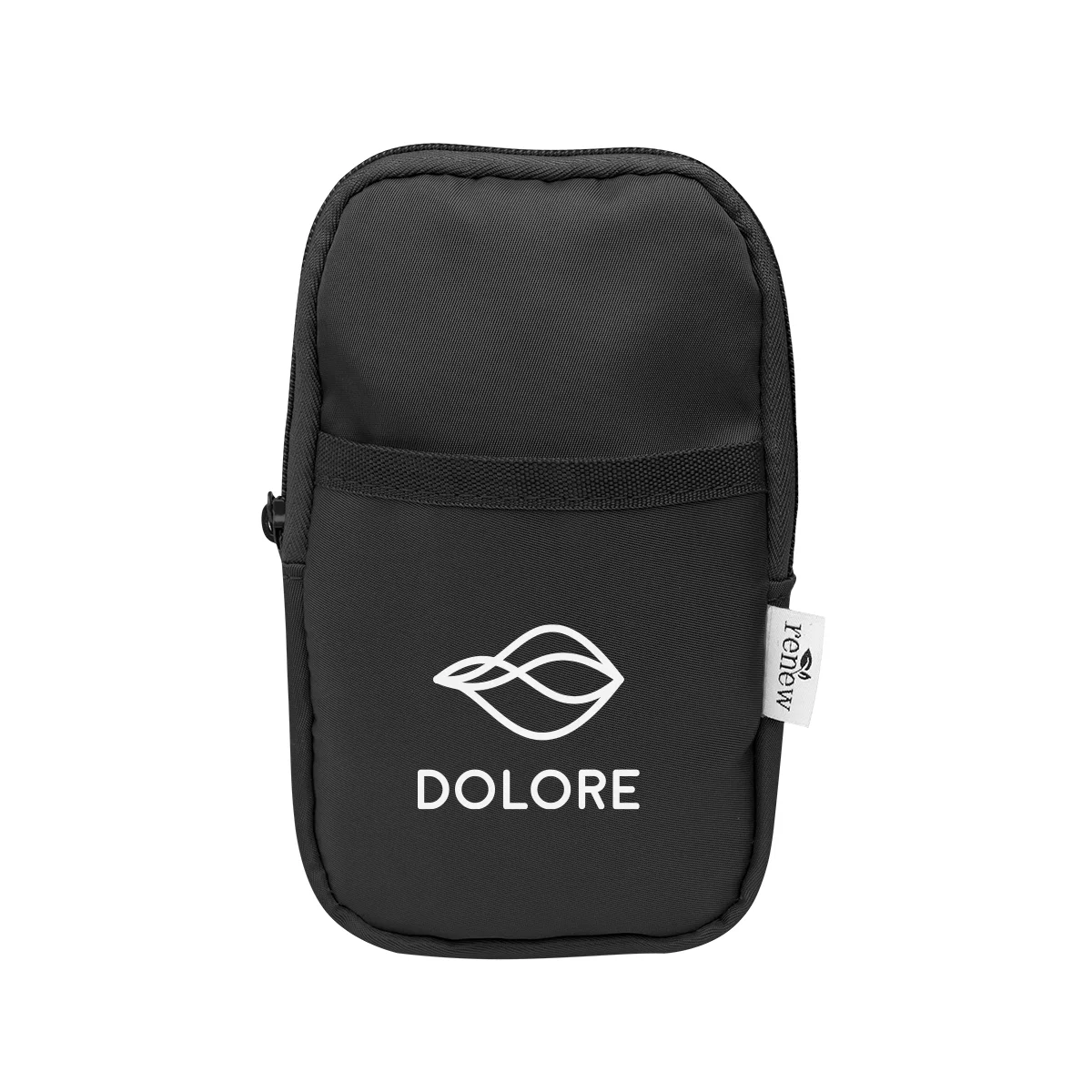 Recycled rPET phone pouch shown upright with the flap closed