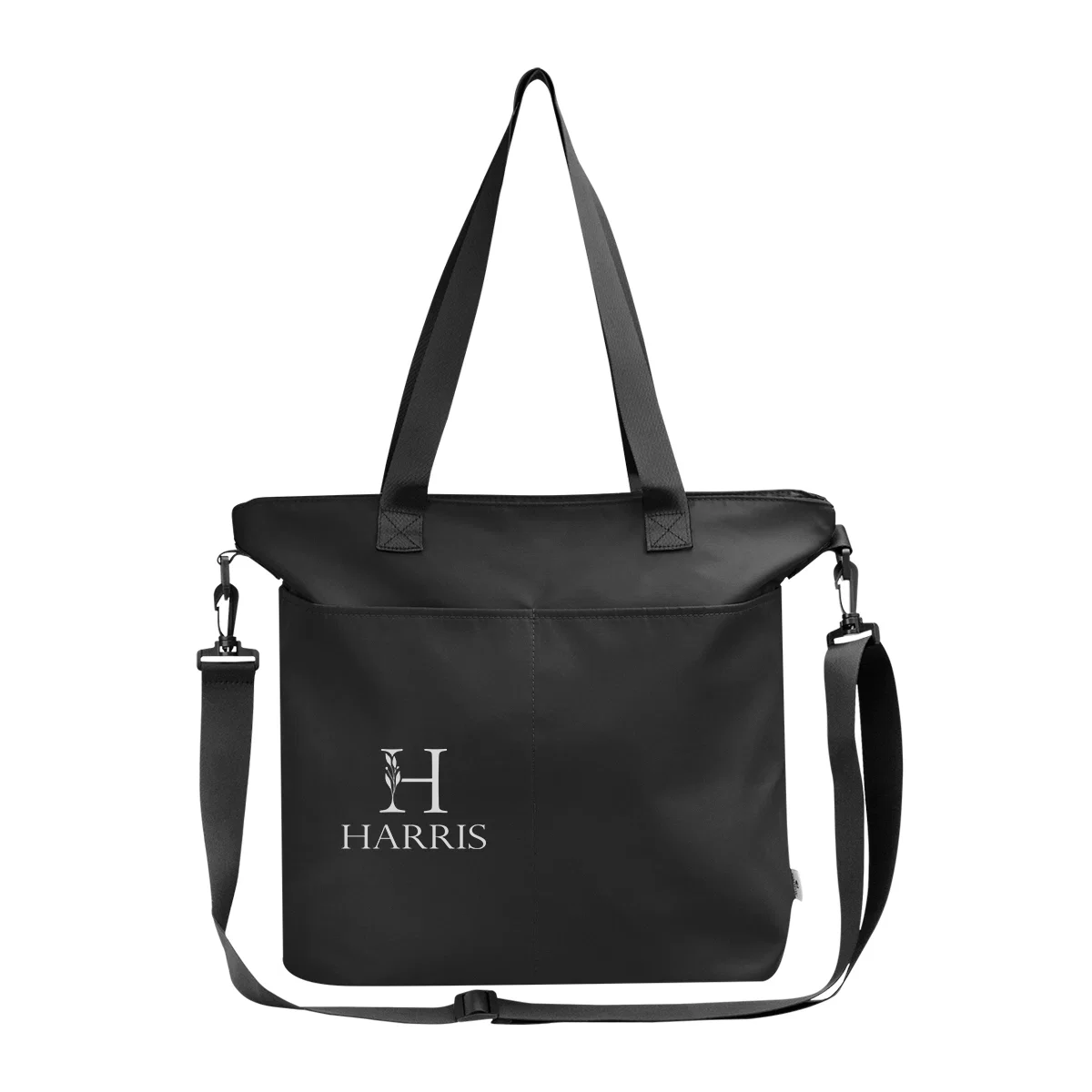 Recycled tote bag shown upright with long handles
