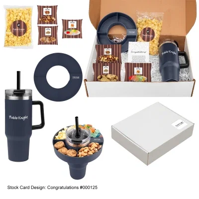 Intrepid gift set pairing a tall tumbler with snack items