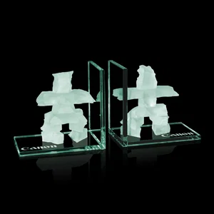 Jade Glass Inukshuk Bookend Set With a Frosted Stone Figure