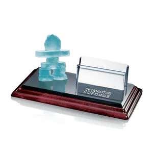 Frosted Inukshuk Sculpture Business Card Holder on Rosewood Base