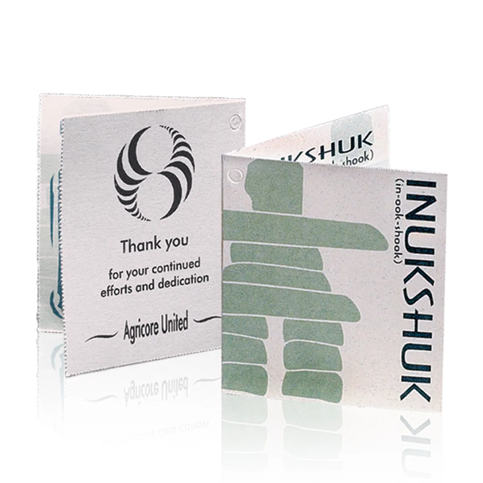 Custom Frosted Inukshuk Sculpture Business Card Holder on Rosewood Base, desk awards for corporate award ceremonies