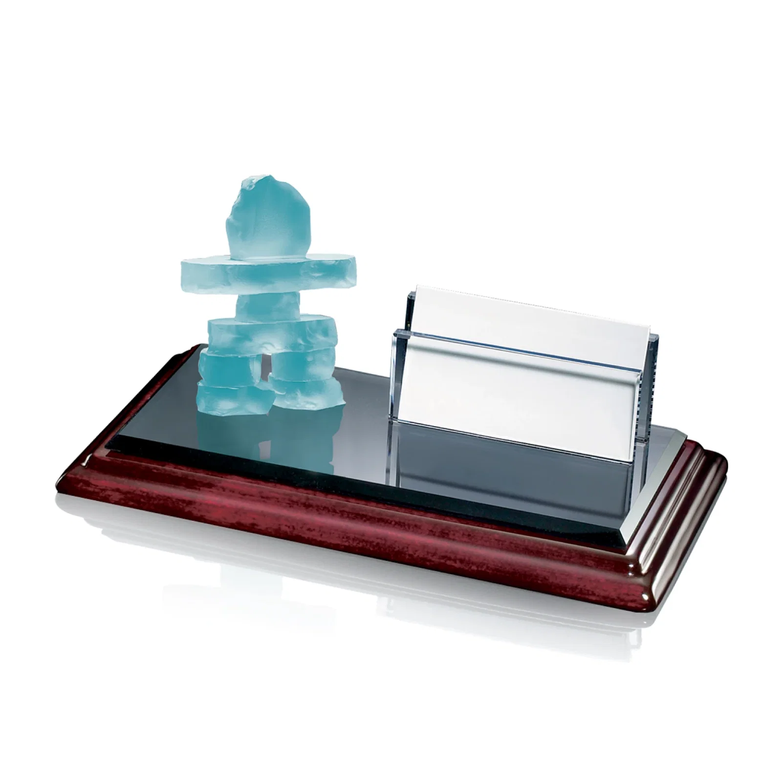 Custom Frosted Inukshuk Sculpture Business Card Holder on Rosewood Base, desk awards for service anniversary gifts