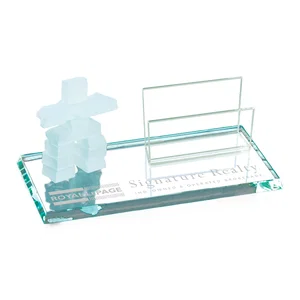 Jade Glass Inukshuk Card Holder on Beveled Jade Base