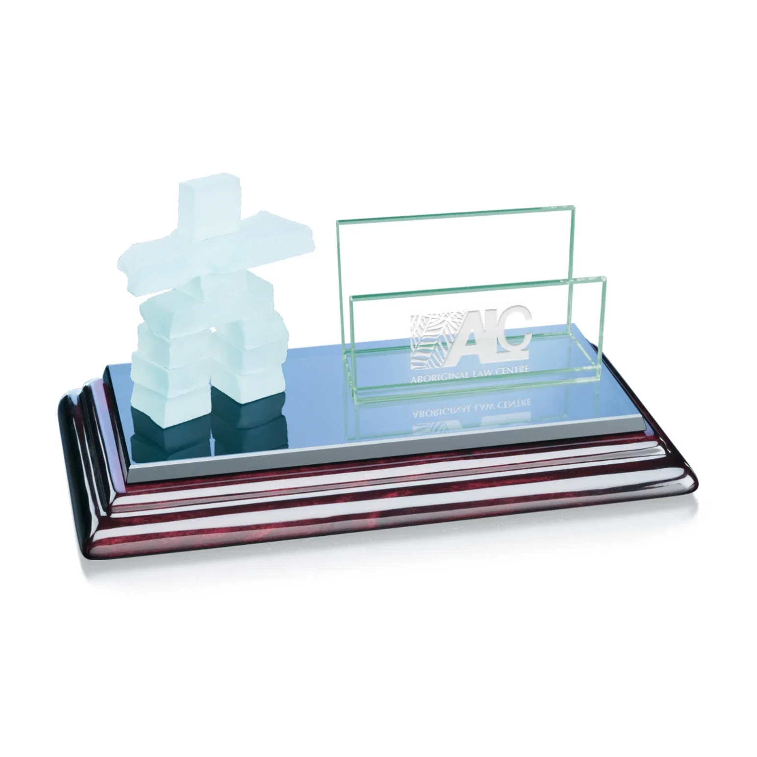 Custom Jade Glass Inukshuk Card Holder on Mirror and Piano-Finish Base, patriotic award for employee recognition