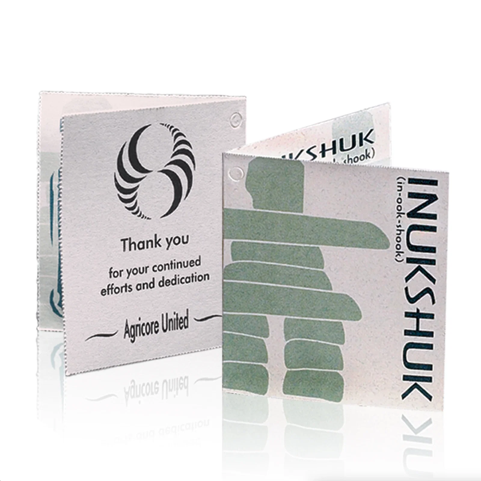 Custom Jade Glass Inukshuk Card Holder on Mirror and Piano-Finish Base, patriotic award for corporate award ceremonies