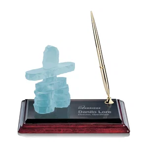 Glass Inukshuk Pen Set on a Rosewood Base