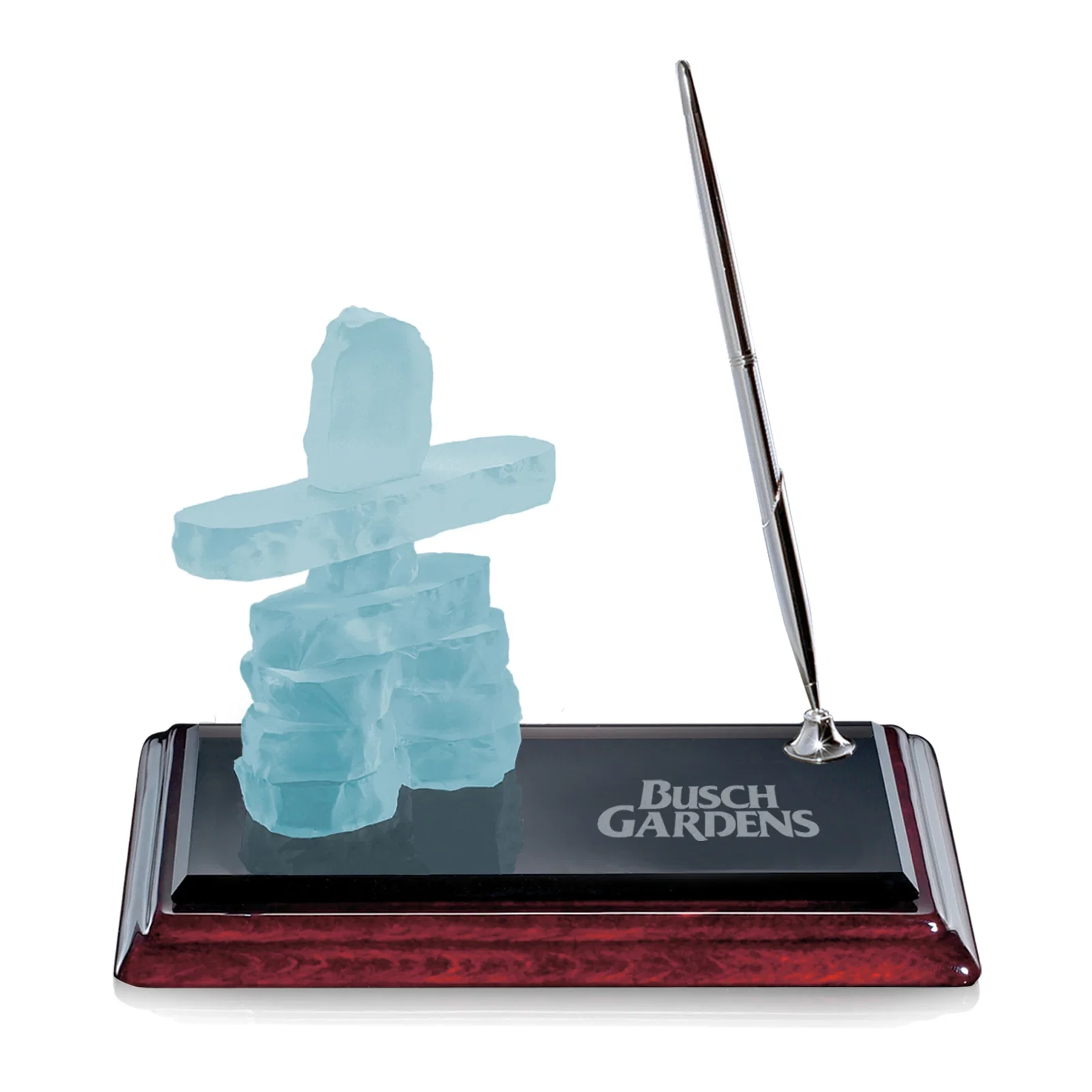 Custom Glass Inukshuk Pen Set on a Rosewood Base, desk awards for sales achievement awards