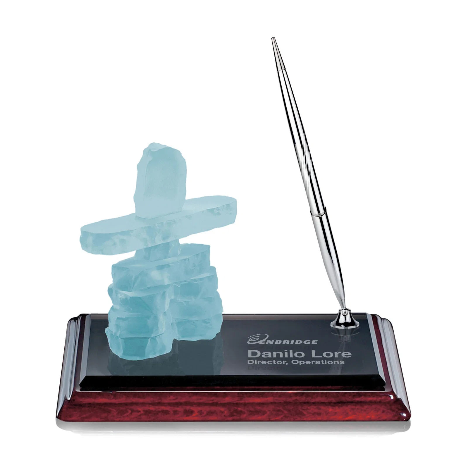 Custom Glass Inukshuk Pen Set on a Rosewood Base, desk awards for retirement presentations