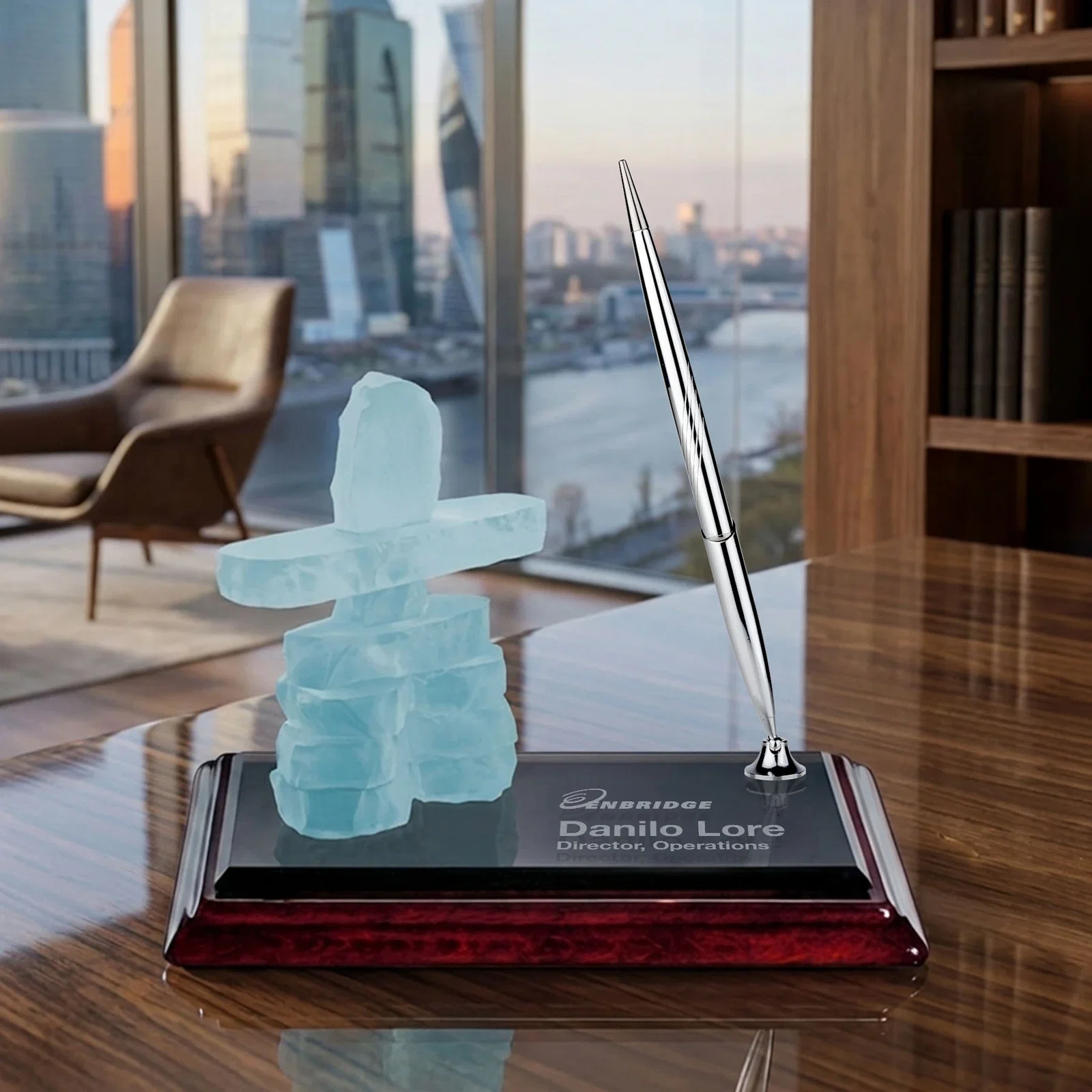 Custom Glass Inukshuk Pen Set on a Rosewood Base, desk awards for team milestone celebrations