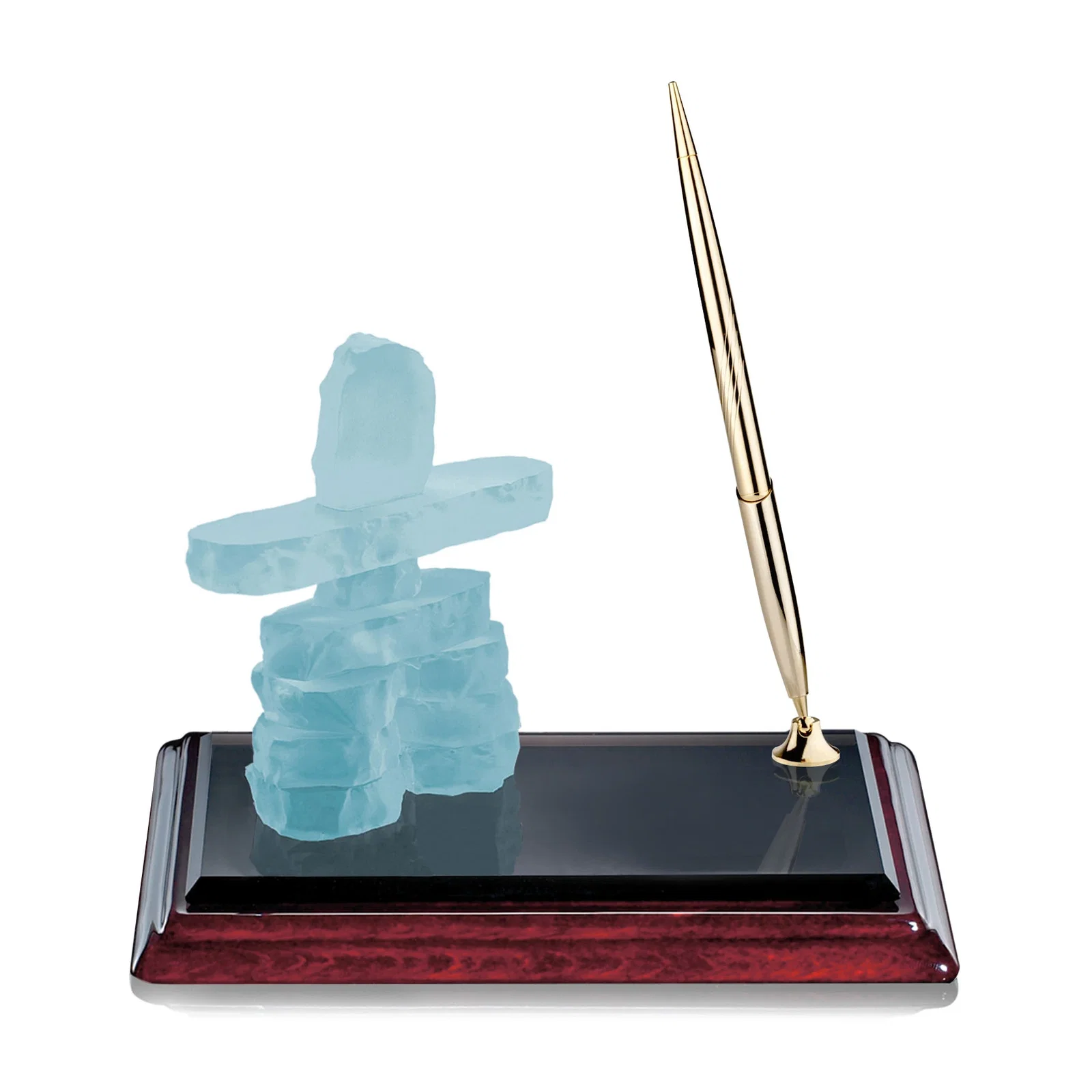 Custom Glass Inukshuk Pen Set on a Rosewood Base, desk awards for donor appreciation