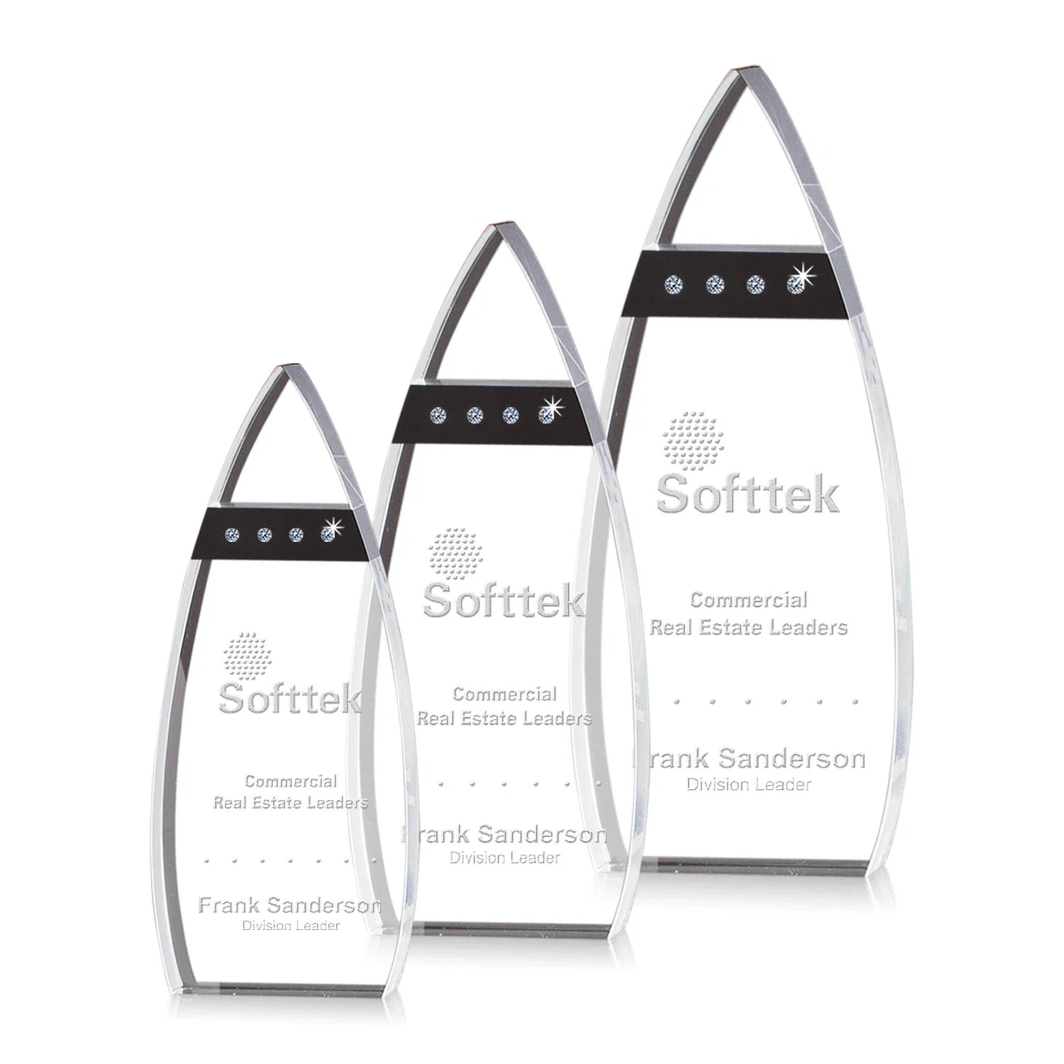 Custom Curved Optical Crystal Award With Black Accents and Diamond Gems for employee recognition