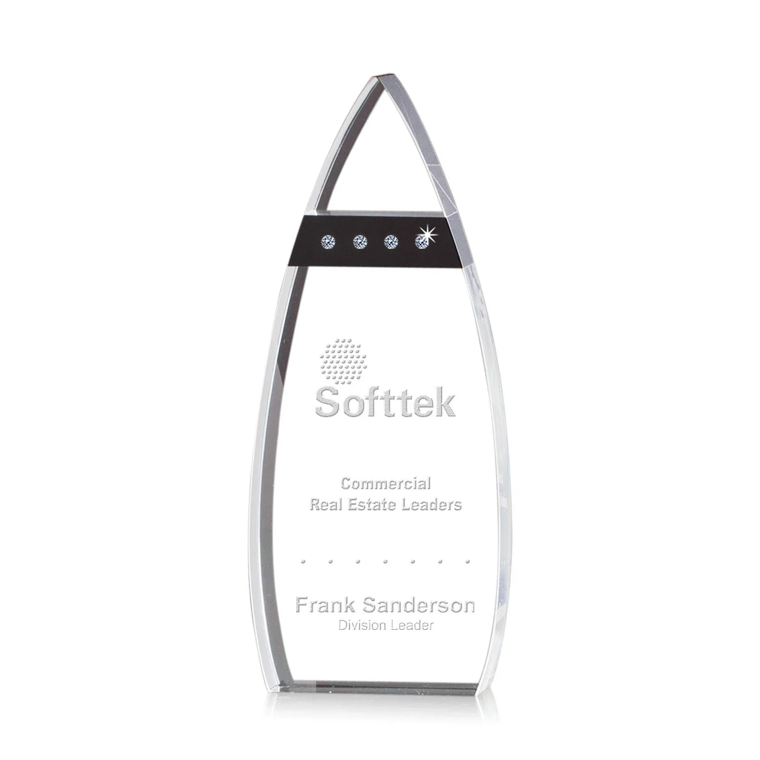 Custom Curved Optical Crystal Award With Black Accents and Diamond Gems for corporate award ceremonies