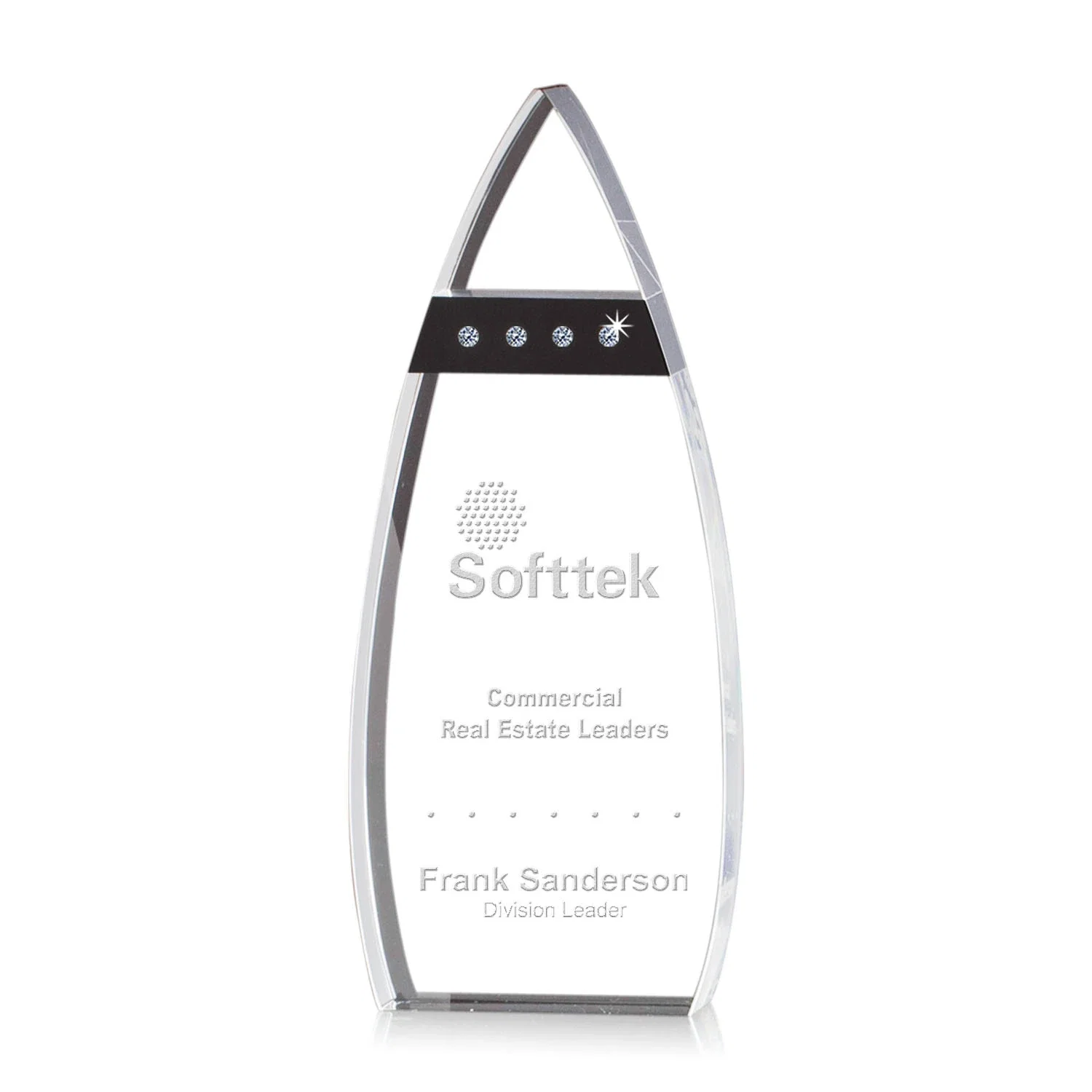 Custom Curved Optical Crystal Award With Black Accents and Diamond Gems for service anniversary gifts