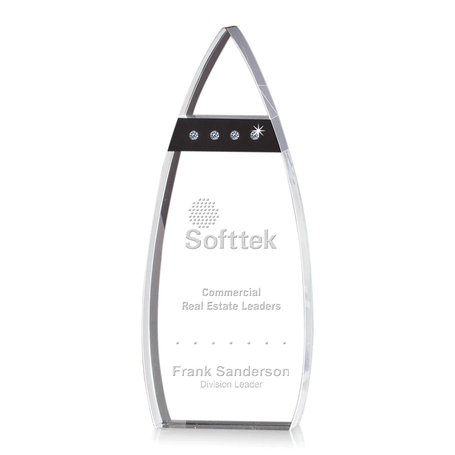 Custom Curved Optical Crystal Award With Black Accents and Diamond Gems for sales achievement awards