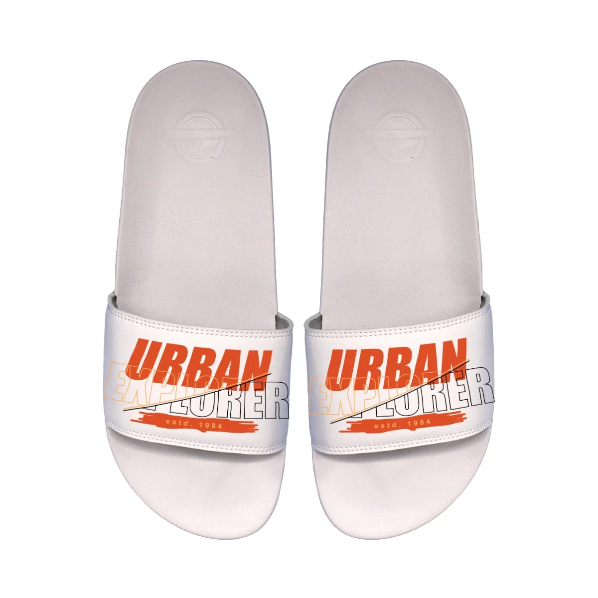 Overhead look at a pair of slides ready for poolside wear