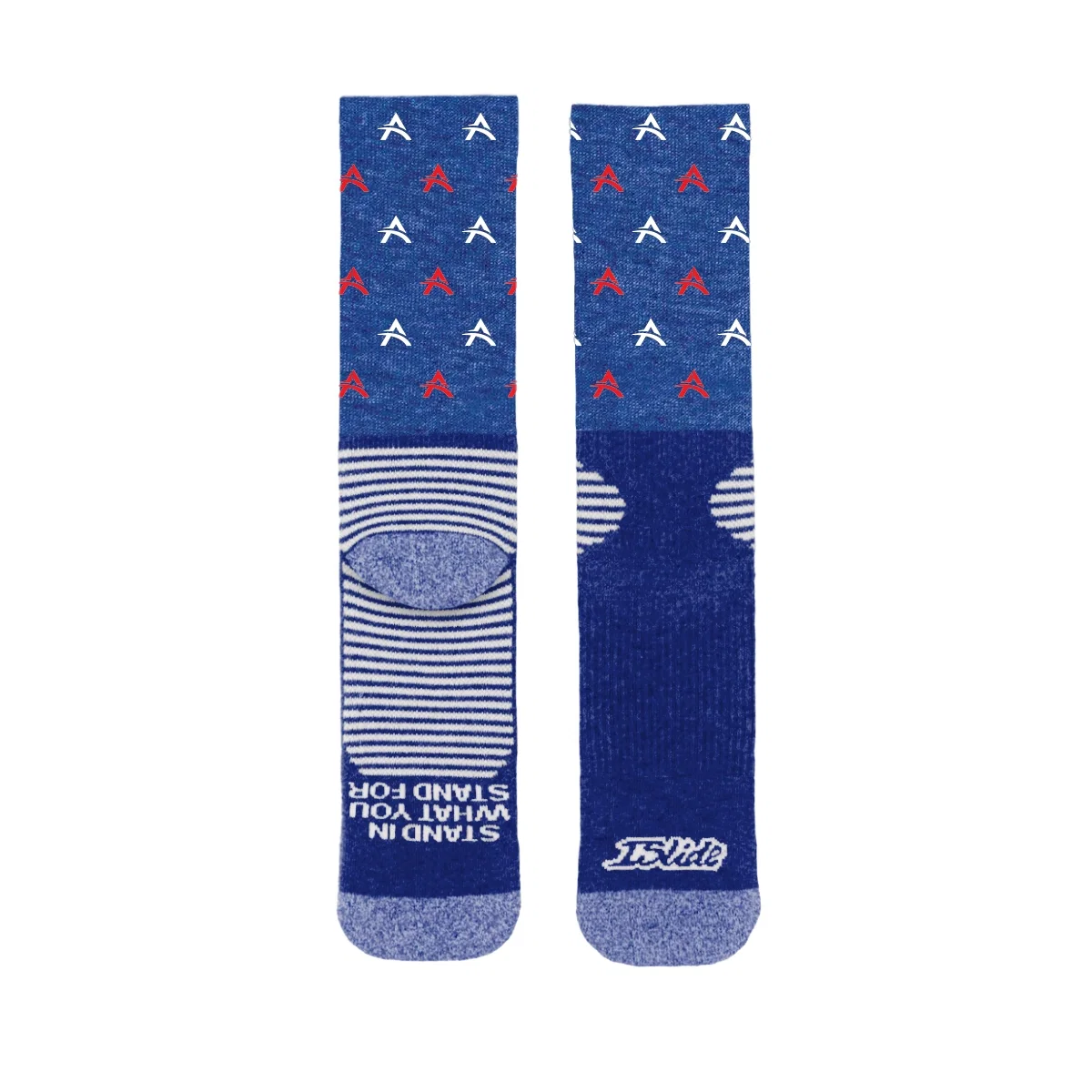 Pair of statement socks with a full color knitted design