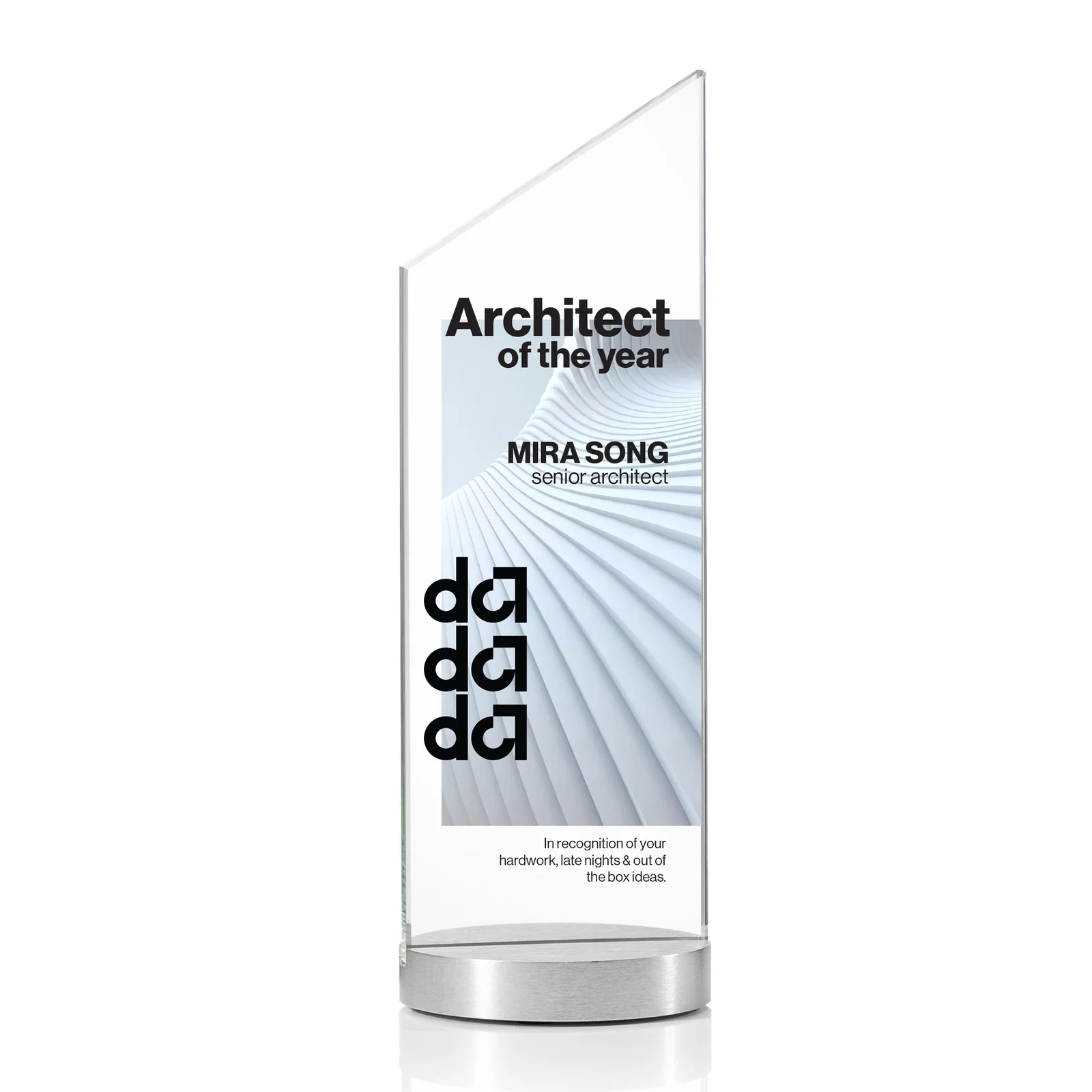 Custom Starfire Crystal Award with a Right-Facing Peak, metal awards for volunteer appreciation