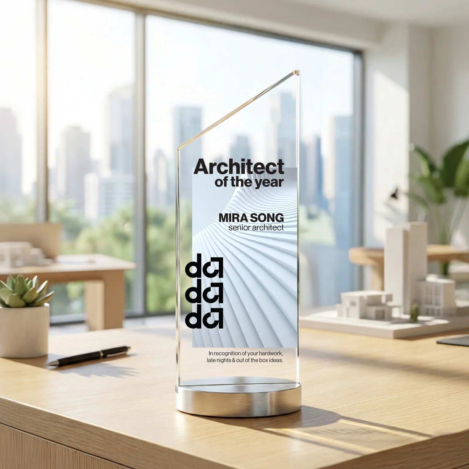 Custom Starfire Crystal Award with a Right-Facing Peak, metal awards for dealer and partner awards