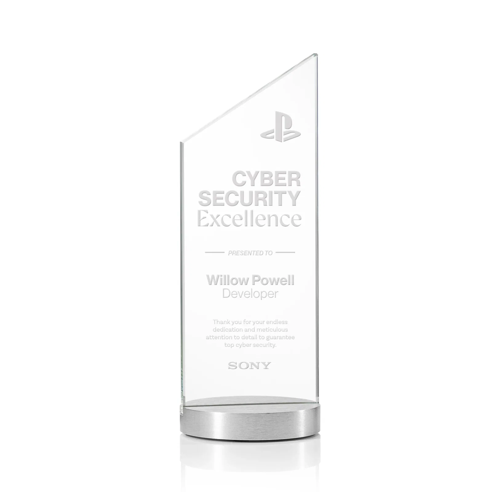 Custom Starfire Crystal Award with a Right-Facing Peak, metal awards for service anniversary gifts