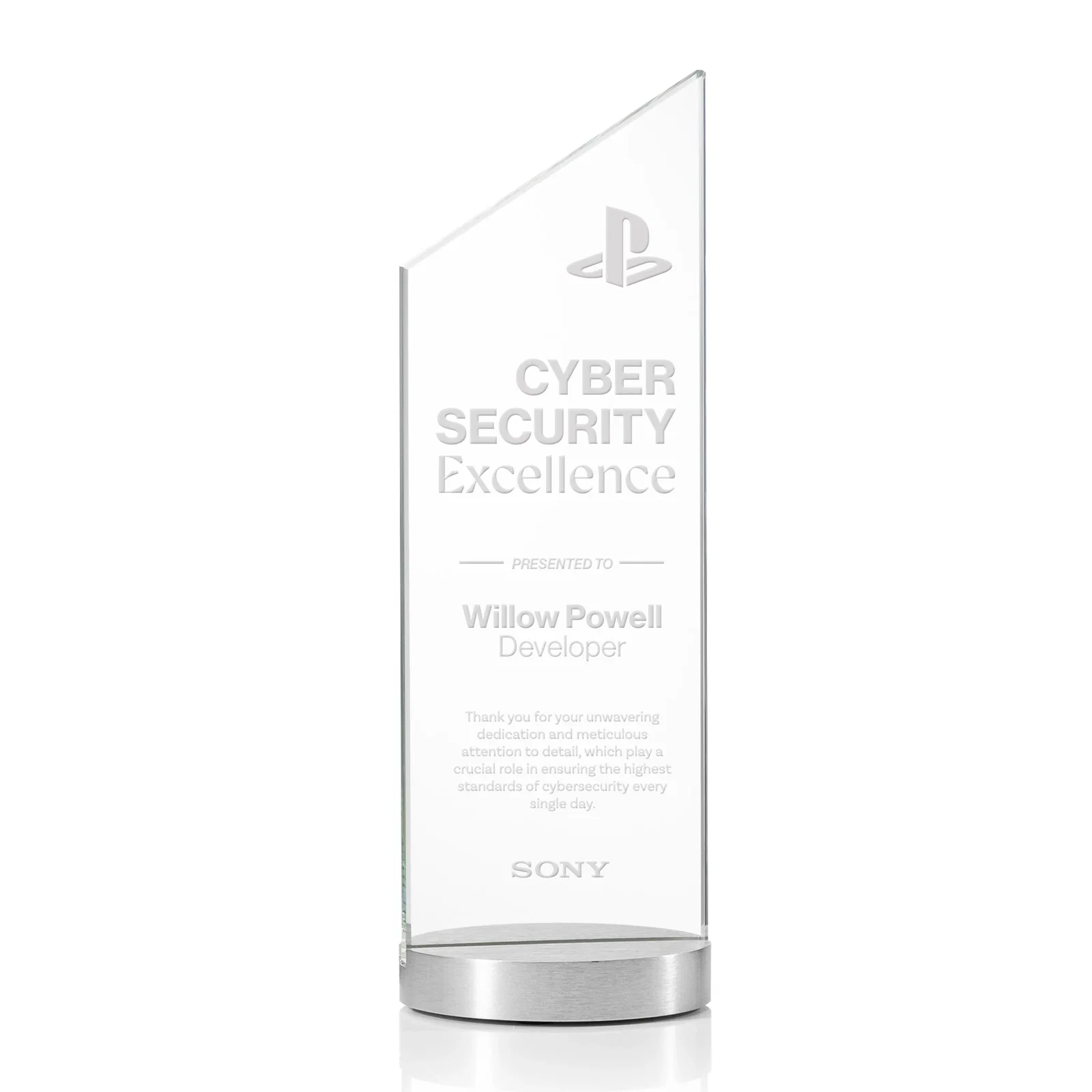 Custom Starfire Crystal Award with a Right-Facing Peak, metal awards for sales achievement awards
