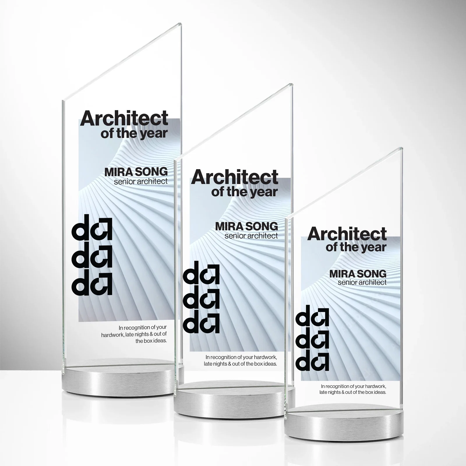 Custom Starfire Crystal Award with a Right-Facing Peak, metal awards for donor appreciation