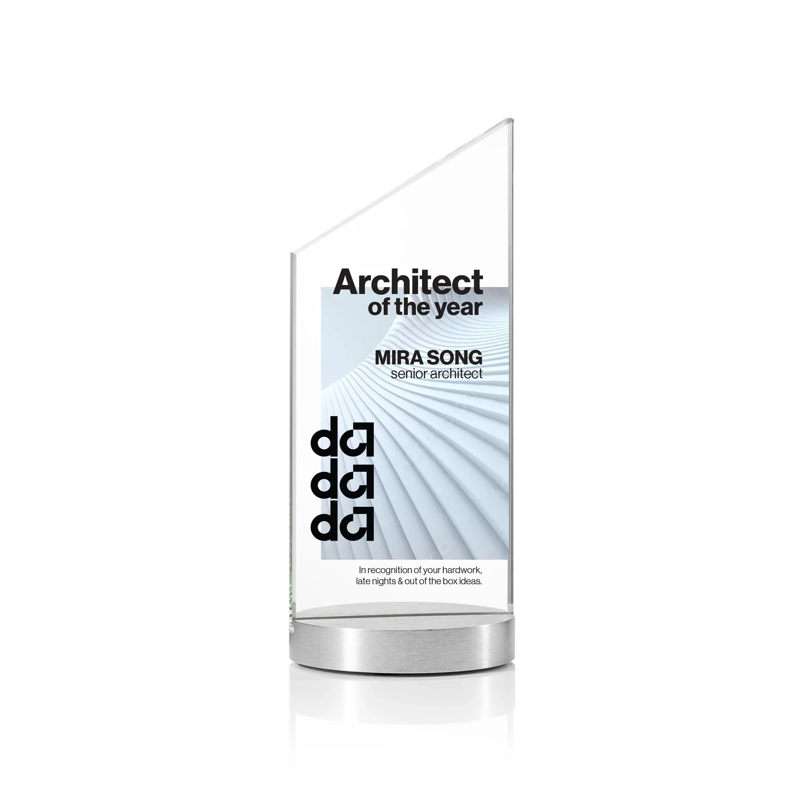 Custom Starfire Crystal Award with a Right-Facing Peak, metal awards for graduation ceremonies