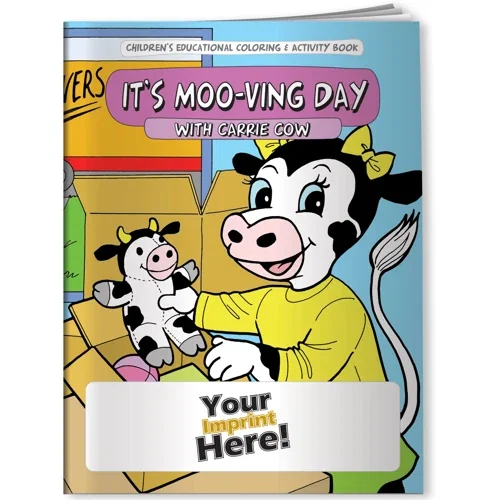 Carrie Cow It's Moo-ving Day coloring book cover, kids farm-themed giveaway