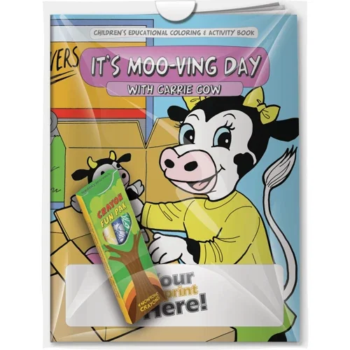 It's Moo-ving Day with Carrie Cow coloring book and imprinted crayons combo pack