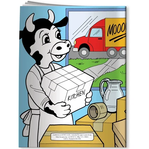 Pack of 4 non-toxic Fun Pak imprinted crayons paired with Carrie Cow coloring book