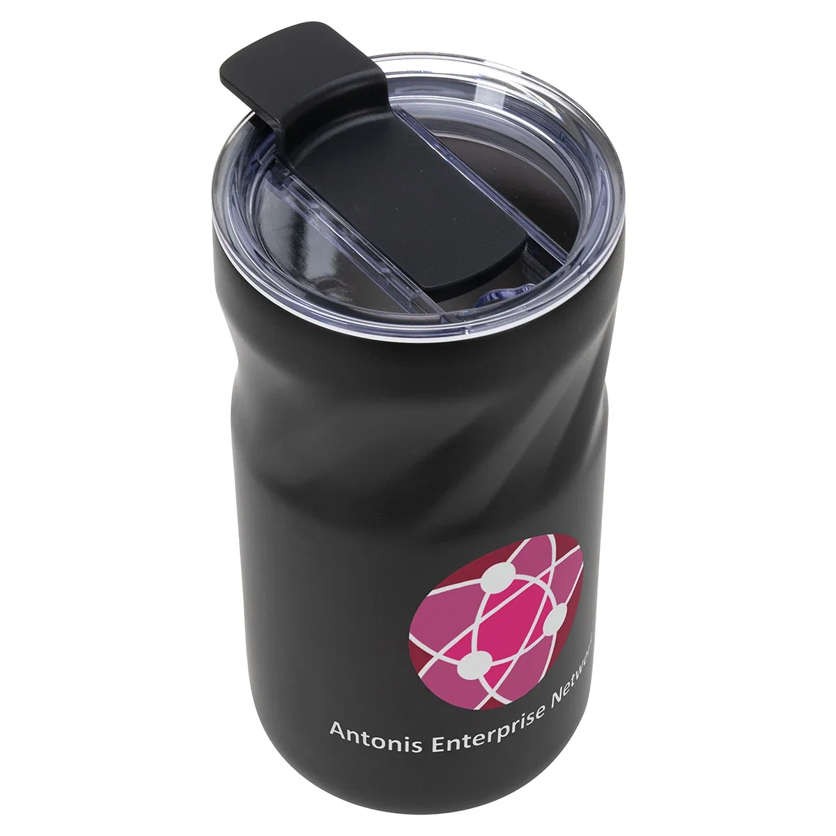 Angled view of the Izzie tumbler highlighting the flip lid and imprint area