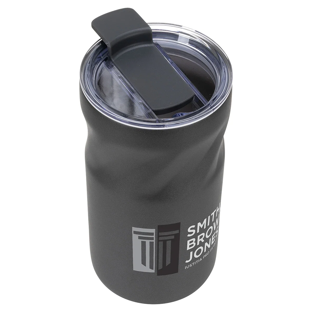 Angled view of the custom Izzie 16 oz insulated tumbler