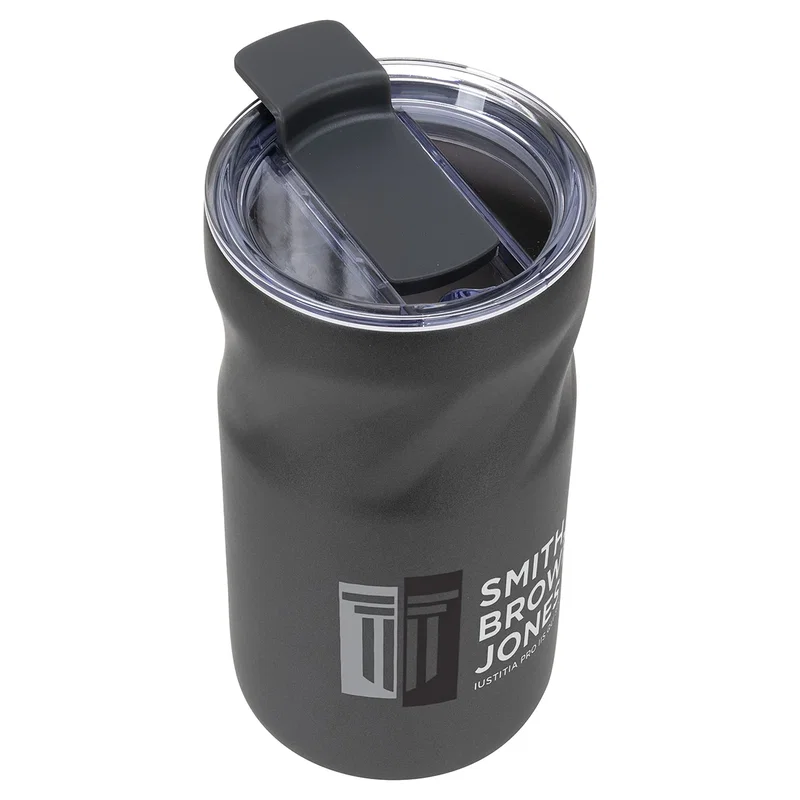 Angled view of the custom Izzie 16 oz insulated tumbler