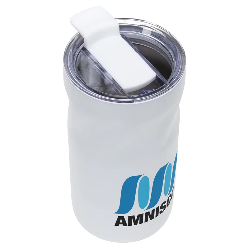 Izzie tumbler shown in white, highlighting the lid and imprint area