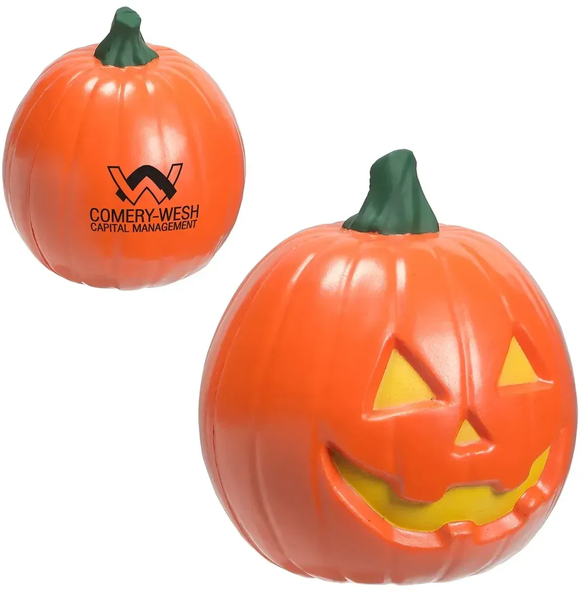 Jack-O-Lantern custom stress ball shaped like a carved pumpkin, branded Halloween and fall festival promotional giveaway