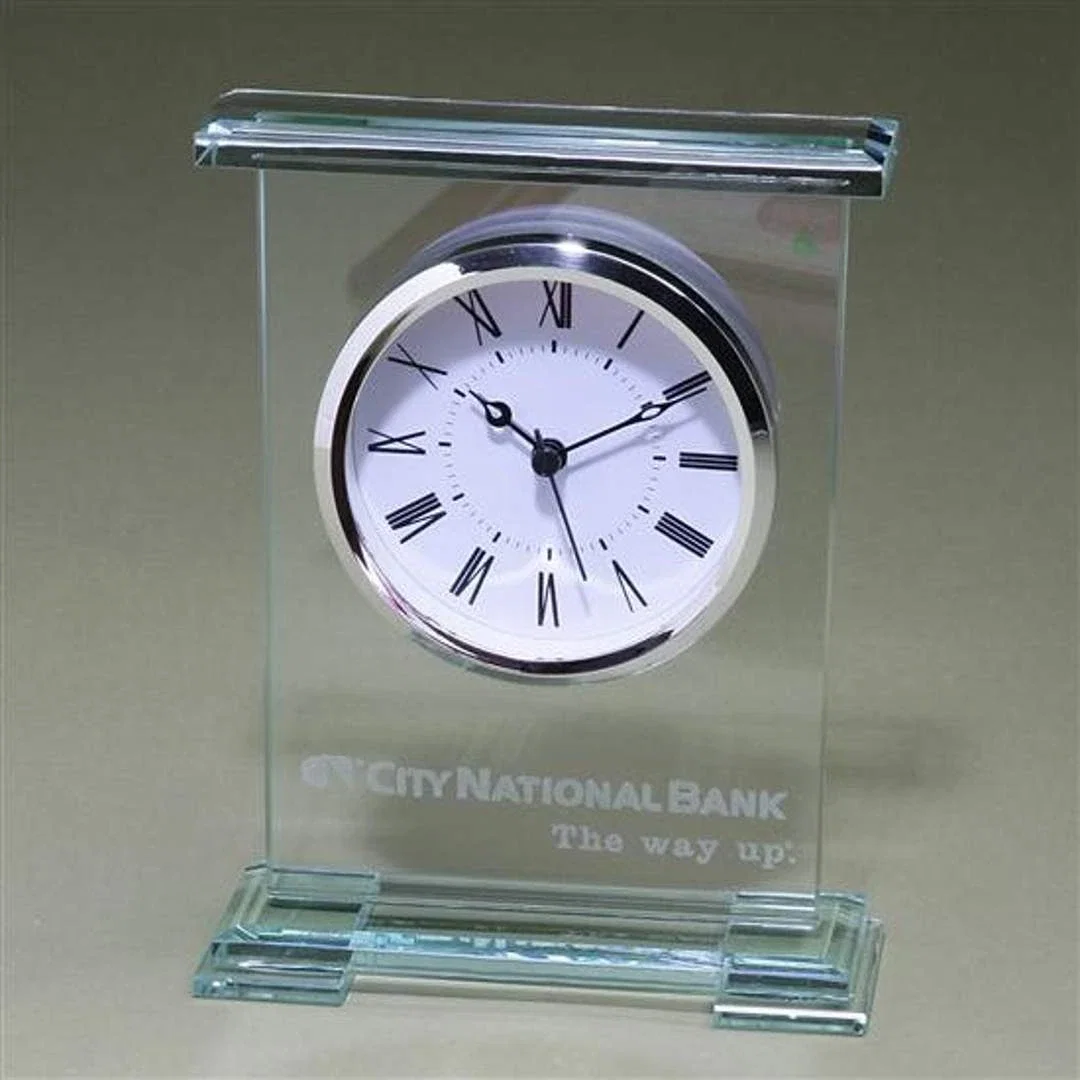 Custom Layered Jade Glass Desk Clock With Floating Metal Movement for employee recognition