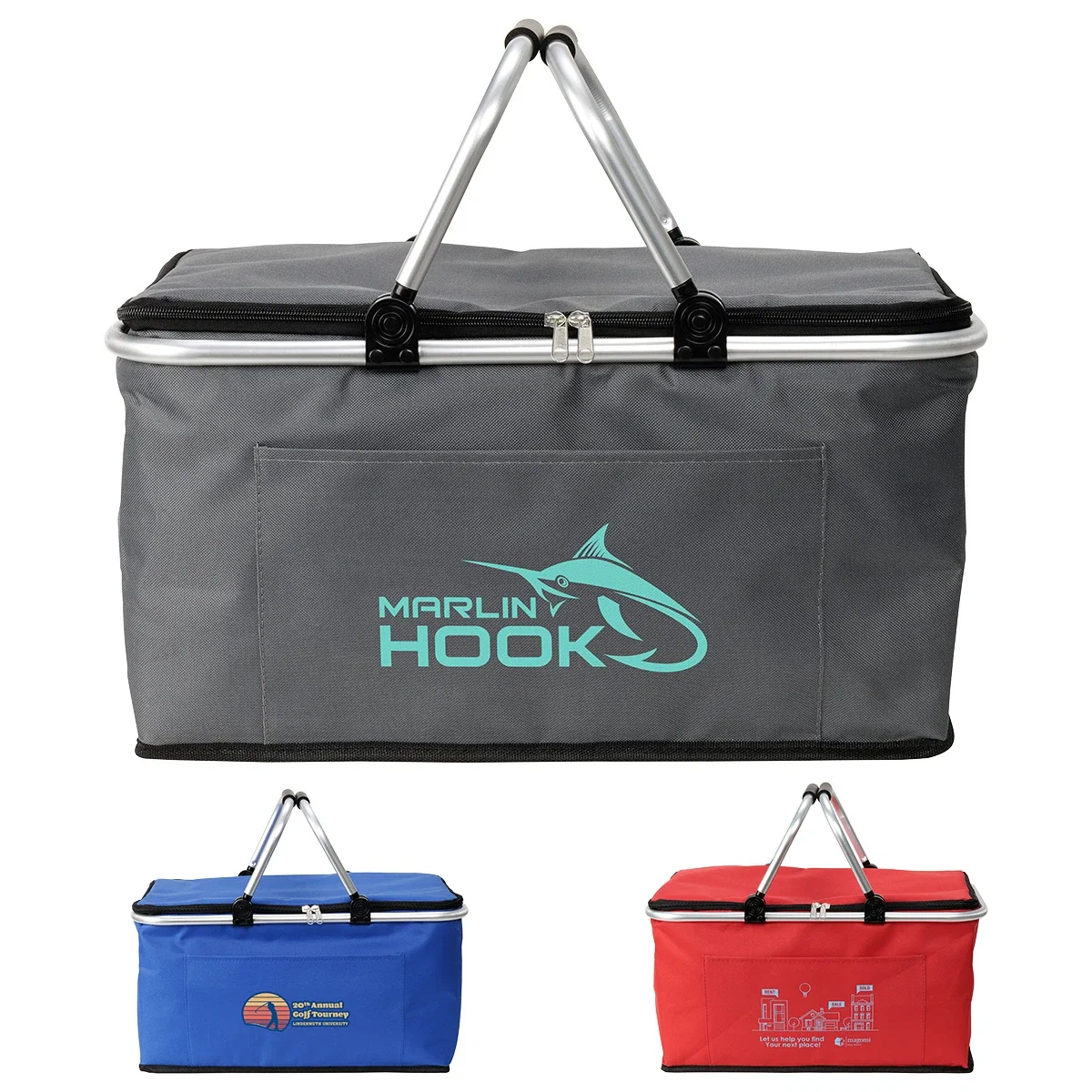 Custom Jamboree Insulated Hard Frame Picnic Basket, front view of the branded picnic basket