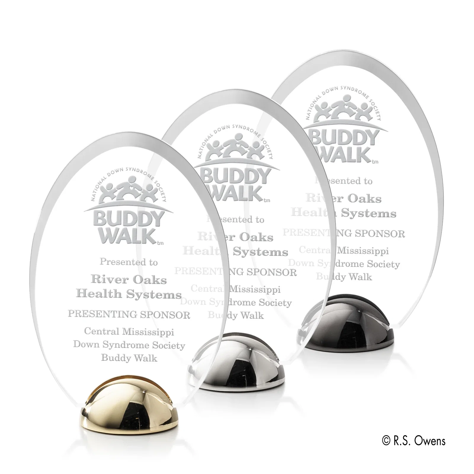 Custom Beveled Acrylic Oval Award on Cast Metal Hemisphere Base for employee recognition