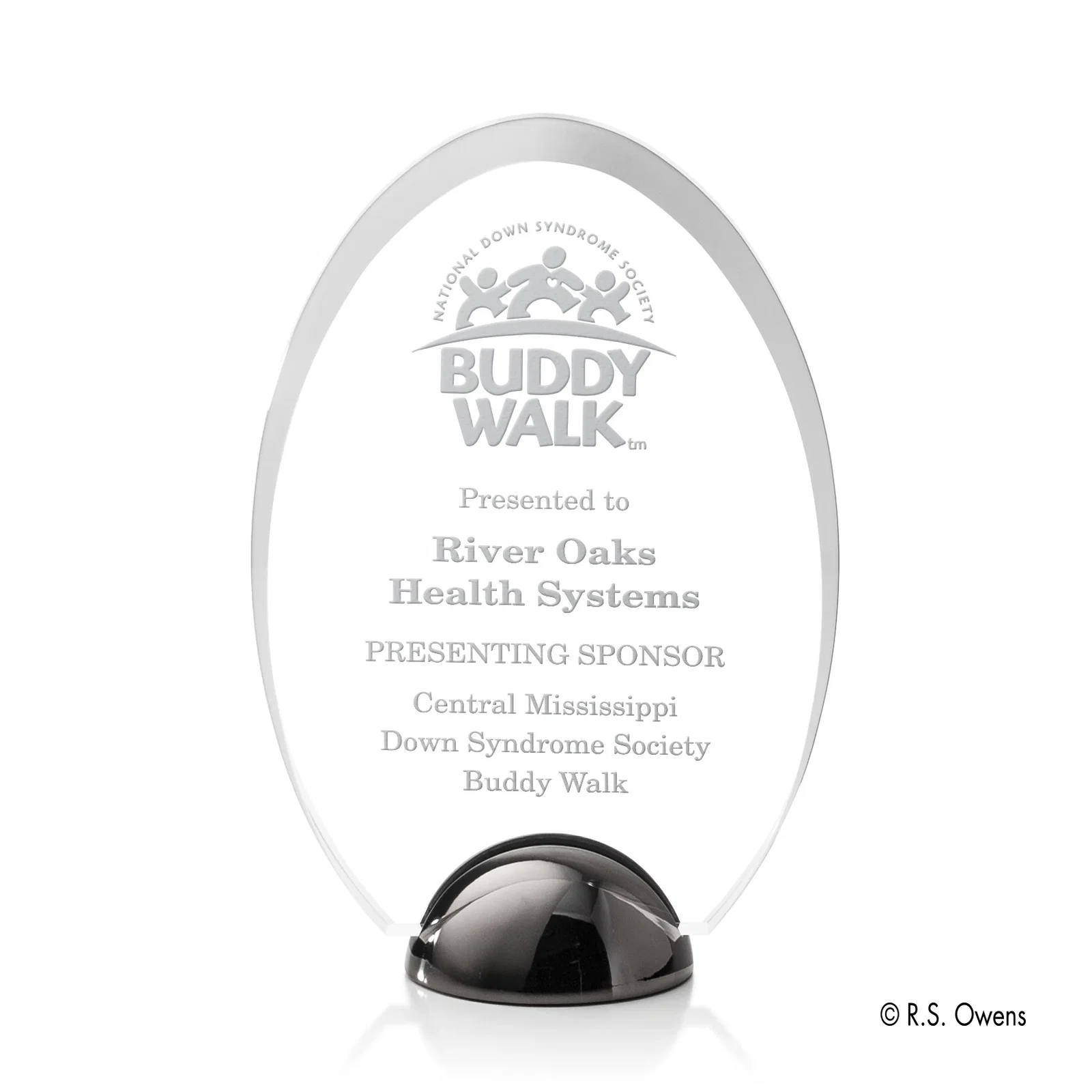 Custom Beveled Acrylic Oval Award on Cast Metal Hemisphere Base for corporate award ceremonies