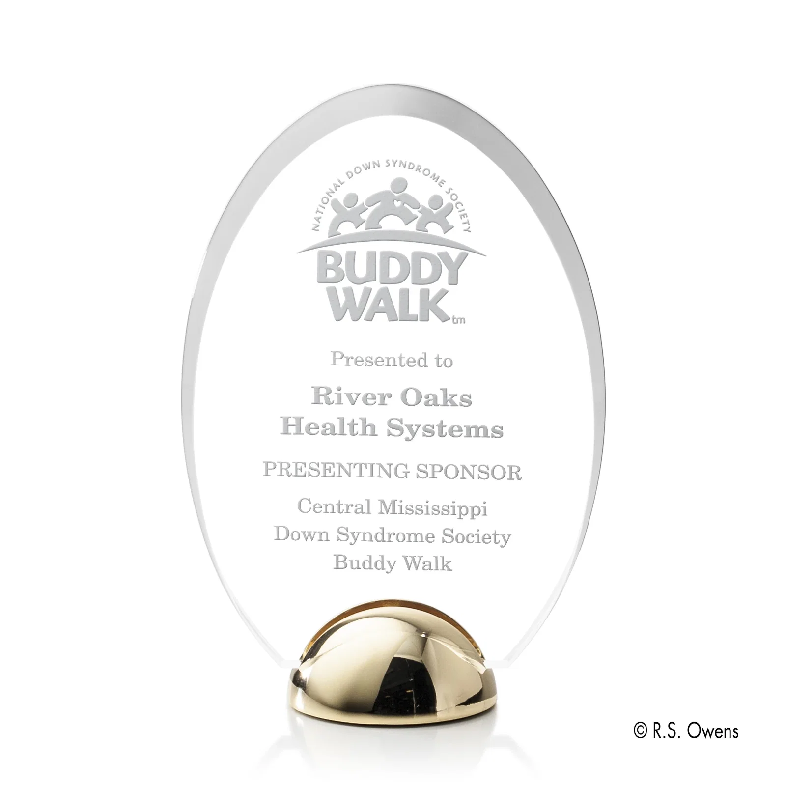 Custom Beveled Acrylic Oval Award on Cast Metal Hemisphere Base for service anniversary gifts