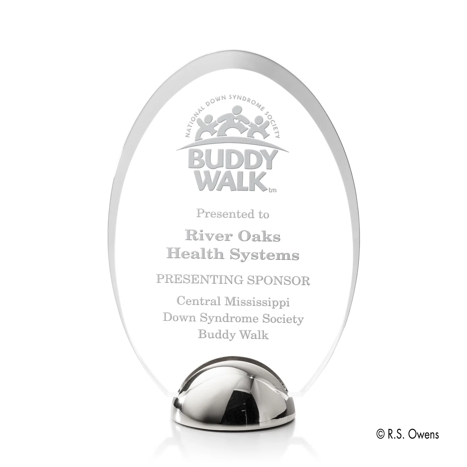 Custom Beveled Acrylic Oval Award on Cast Metal Hemisphere Base for sales achievement awards