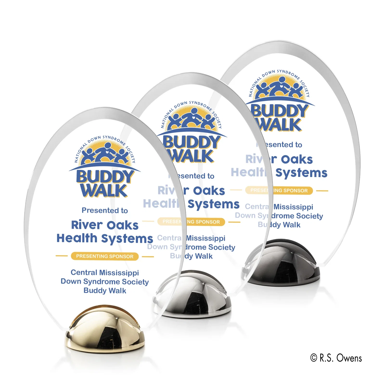 Custom Beveled Acrylic Oval Award on Cast Metal Hemisphere Base for retirement presentations