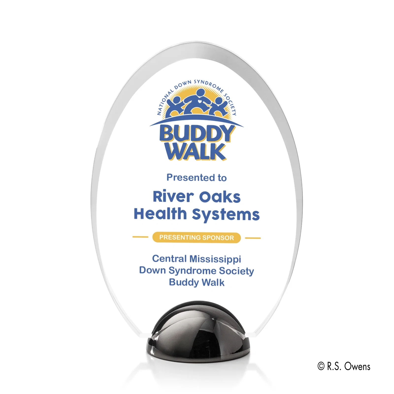 Custom Beveled Acrylic Oval Award on Cast Metal Hemisphere Base for team milestone celebrations